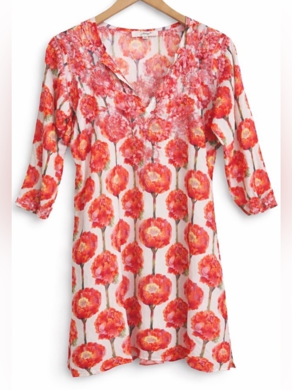 Amaya Pink White Hand Embroidered Peony Floral Split Neck Lightweight Dress 38/S